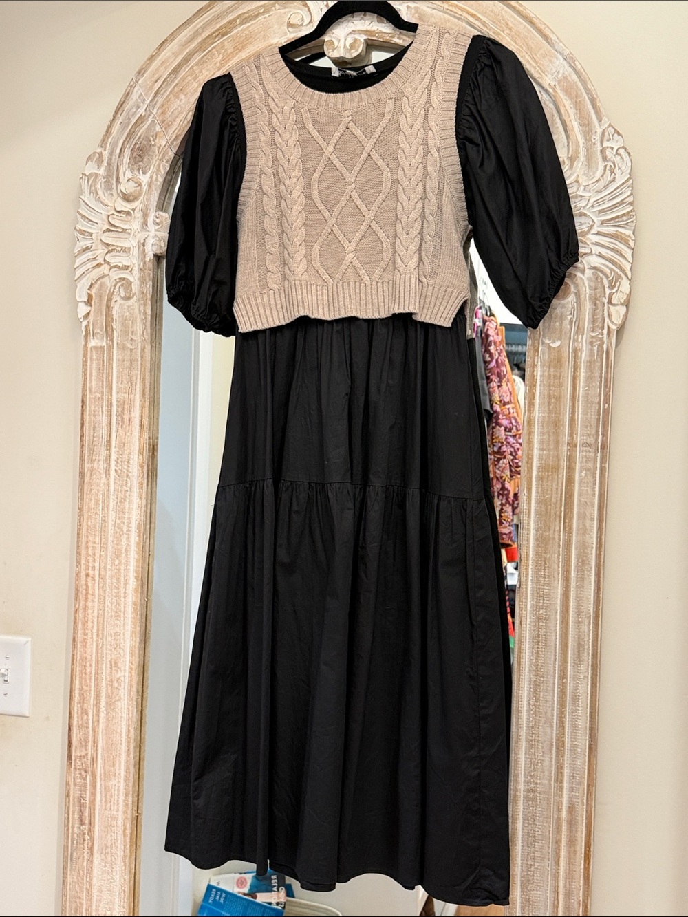 Black Midi Dress with Beige Cable-Knit Vest Overlay